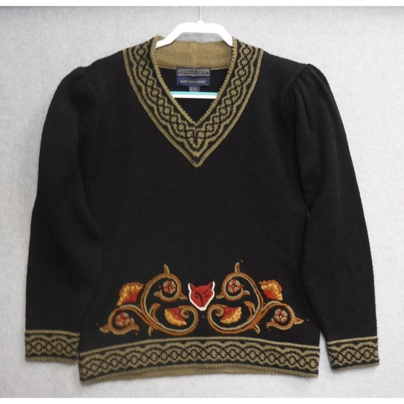 Woman's Herman Geist Hand Embroidered Wool Acrylic Fox V-neck Pullover Sweater L - Picture 1 of 9